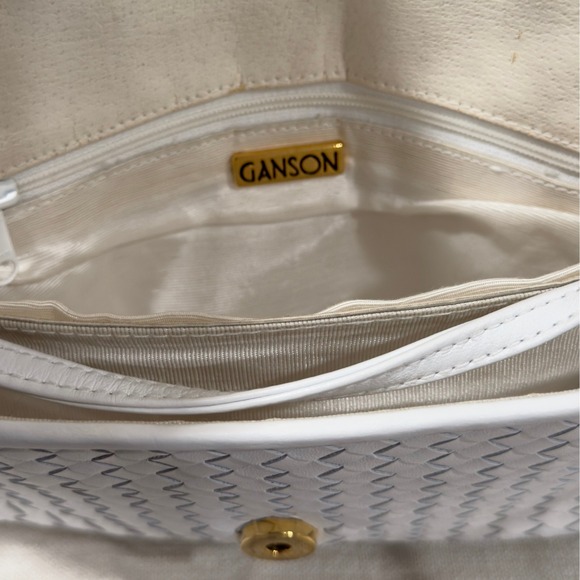 Vintage Ganson White Woven Leather Crossbody Bag Gold Hardware Intrecciato Style - Picture 6 of 9